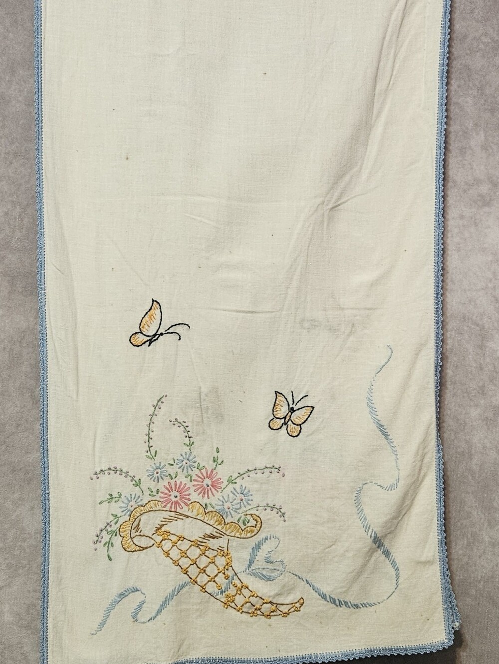 Vintage Embroidered Table Runner Cornucopia Butterflies Floral Blue Crochet Edge